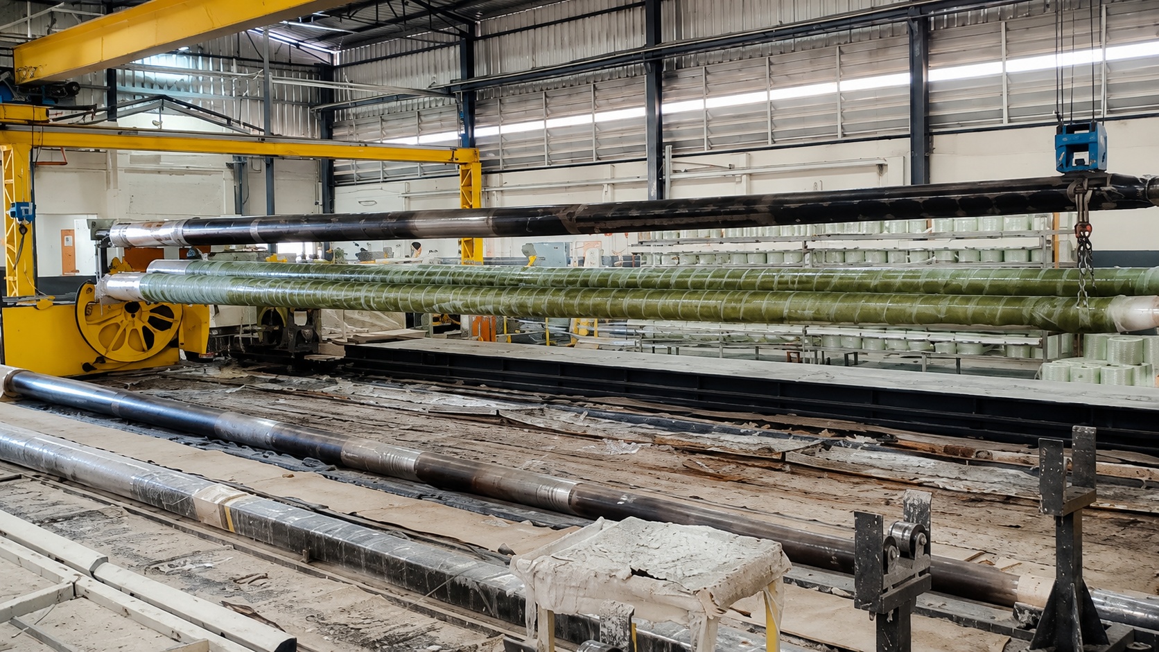 Linha de fabricação de postes PRFV por filament winding